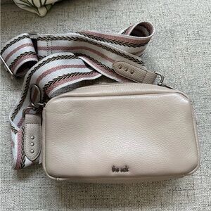 The Sak Cora Beige Leather smartphone Crossbody with Striped Adjustable Strap